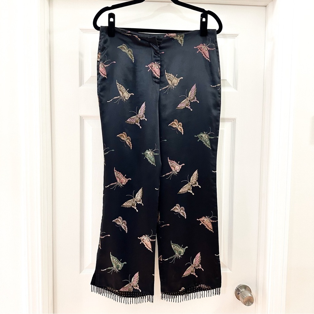 Vintage Black Satin Butterfly Embroidered Beaded Fringe High Waist Pant Y2k